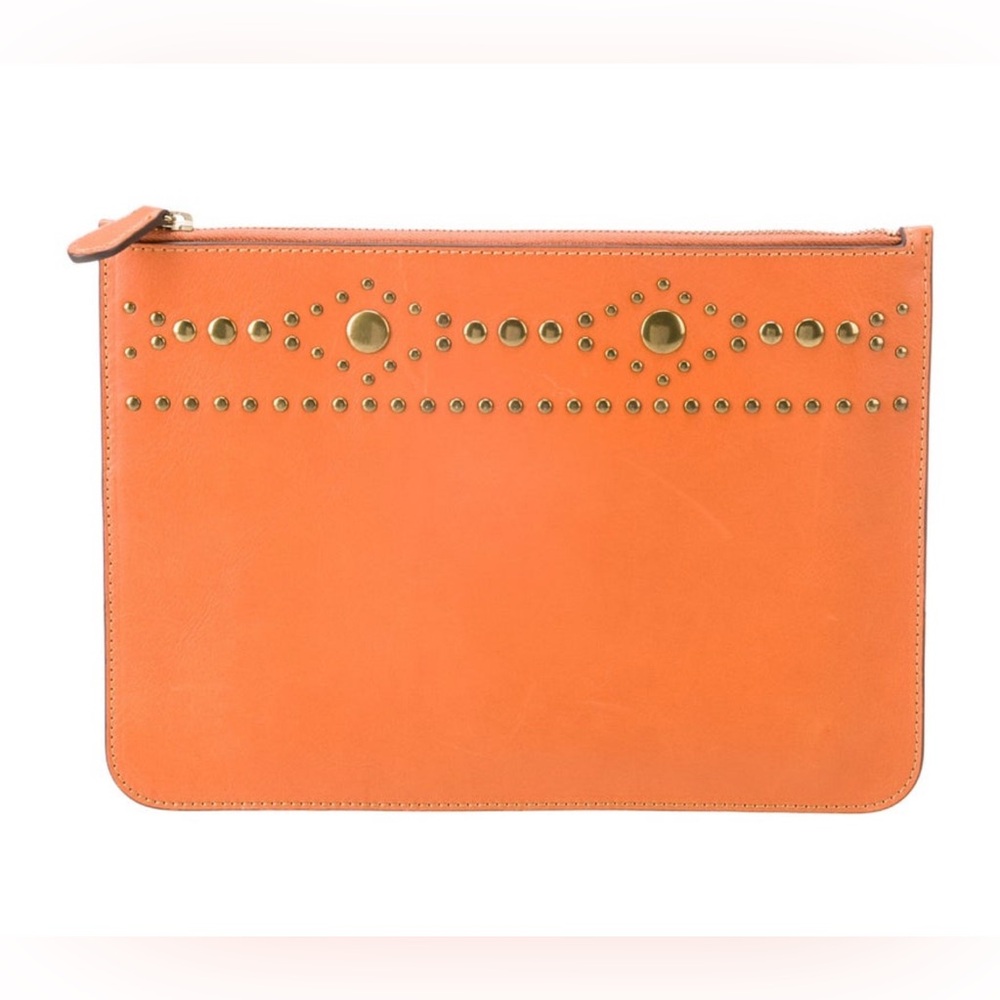 FRYE Large Leather Portfolio Clutch With Studded Accents
